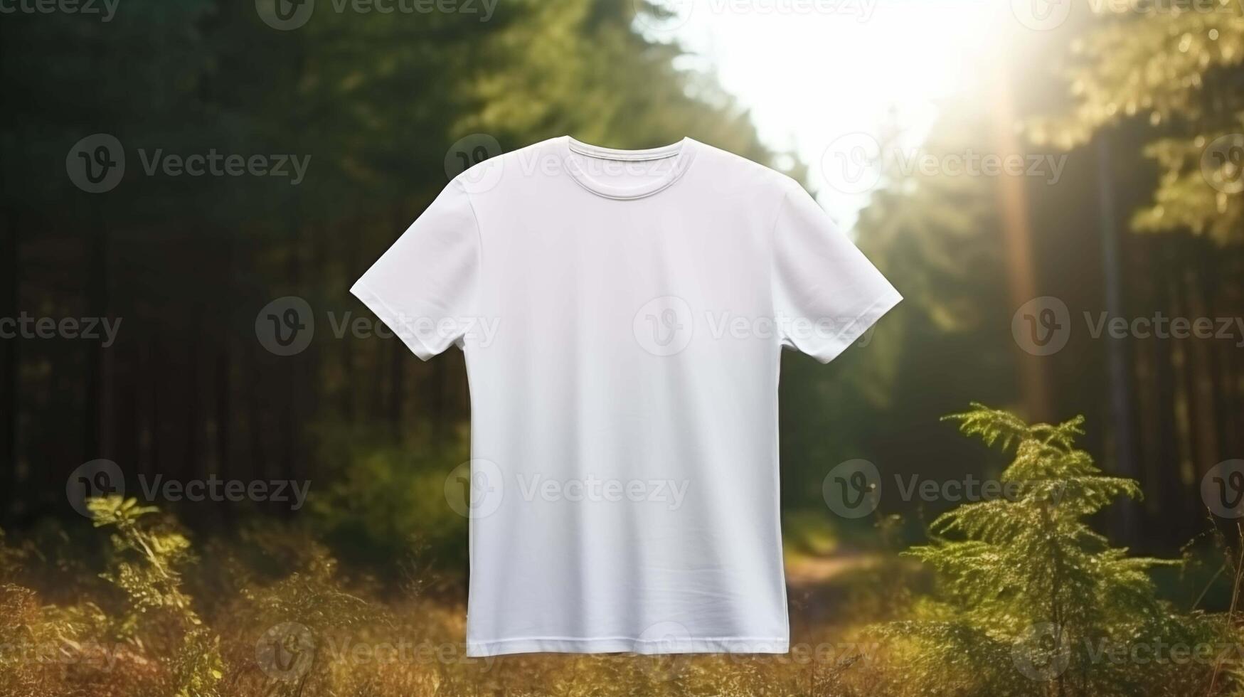 Cotton white tshirt template with sunlight streaming through trees. Tee mockup advertising image. Clothing design short-sleeved. Apparel casual clothes mock up product photorealistic photo
