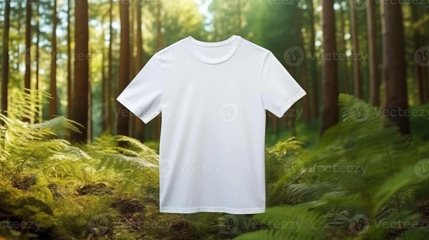 Simple white tshirt template amidst forest ferns and tall trees. Tee mockup advertising image. Clothing design short-sleeved. Apparel casual clothes mock up product photorealistic photo