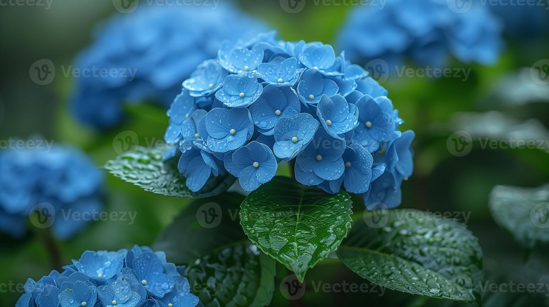 Beautiful hydrangea blue blossom in park closeup image. Fresh hortensia bunch on twig with green leaves close up photography. Colorful flowers in summer garden concept photo realistic