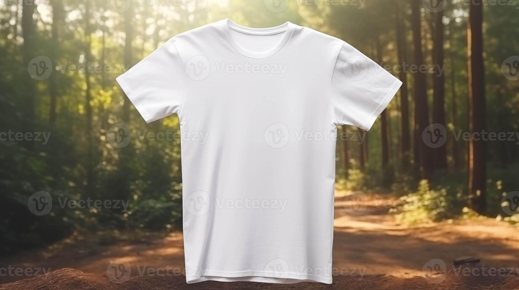 Cotton tshirt template suspended in sunlight forest path. Tee mockup advertising image. Clothing design short-sleeved. Apparel casual clothes mock up product photorealistic photo