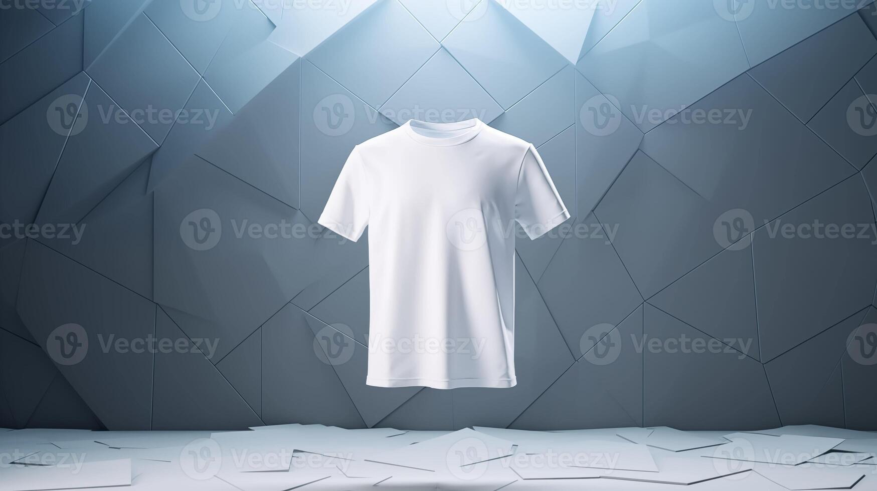 Plain white tshirt template showcased against geometric polygonal background. T-shirt mockup advertising image. Design short-sleeved. Apparel clothes mock up product photorealistic photo