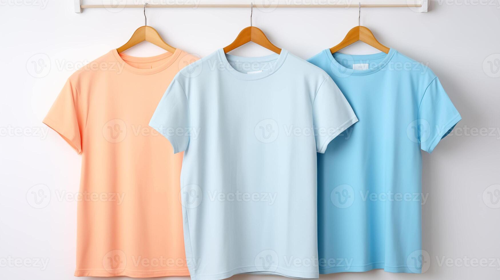 Three pastel-colored tshirts template hang neatly on hangers. T-shirt mockup advertising image. Clothing design short-sleeved. Apparel casual clothes mock up product photorealistic photo