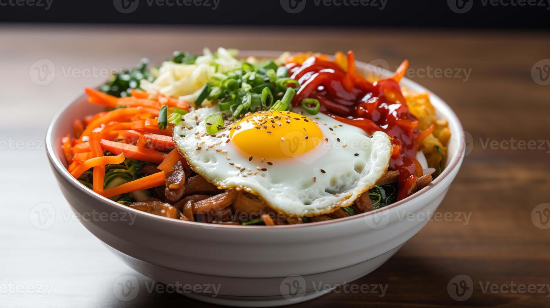 Korean bibimbap bowl closeup image. Mixed vegetables, beef, sunny-side-up egg close up photography marketing. Healthy meal. Fast casual concept photo realistic. Asian cuisine picture