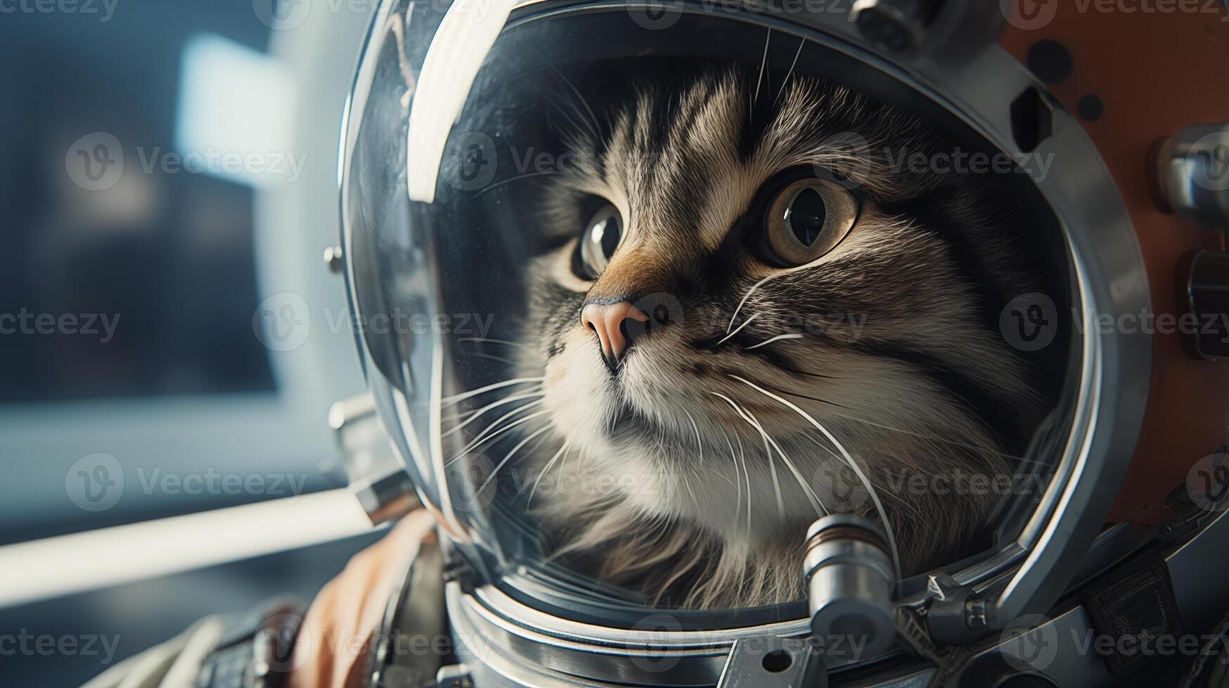 Domestic cat in astronaut suit closeup image. Curious tabby feline close up photography marketing. Kitten animal in spacecraft concept photo. Cosmonaut pet picture photorealistic photo