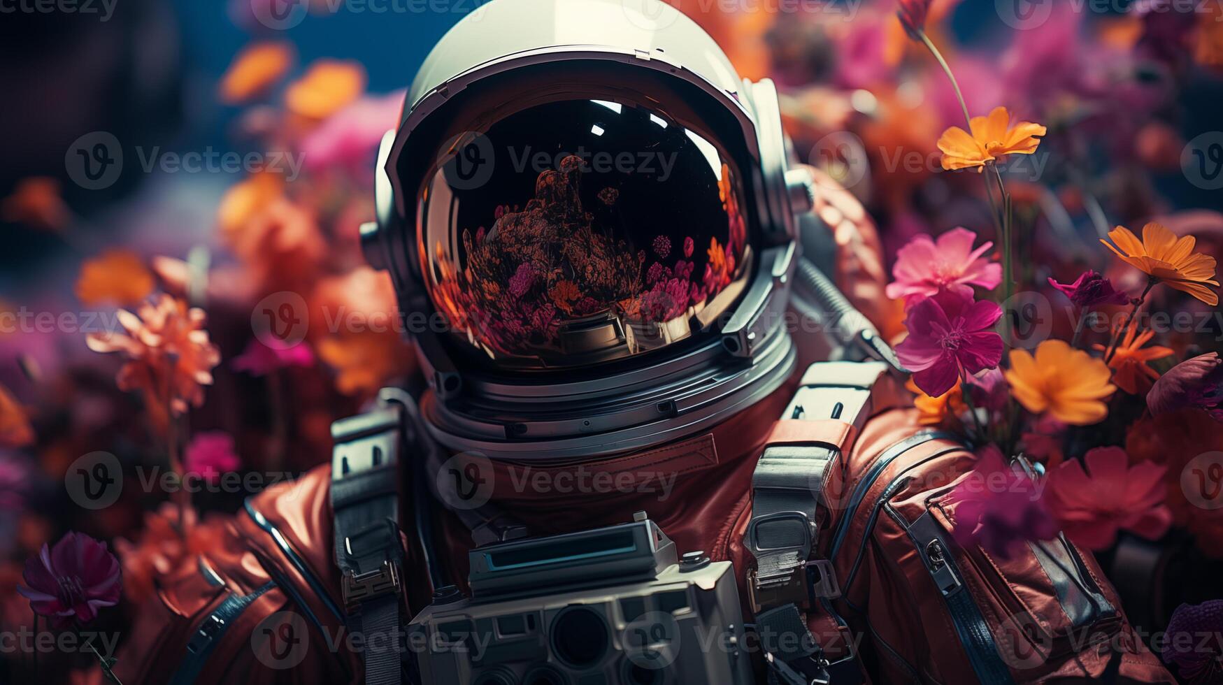 Astronaut stands surrounded by flora closeup image. Spaceman helmet reflecting riot of flowers close up photography marketing. Floral harmony concept photo. Nature cosmonaut picture photo