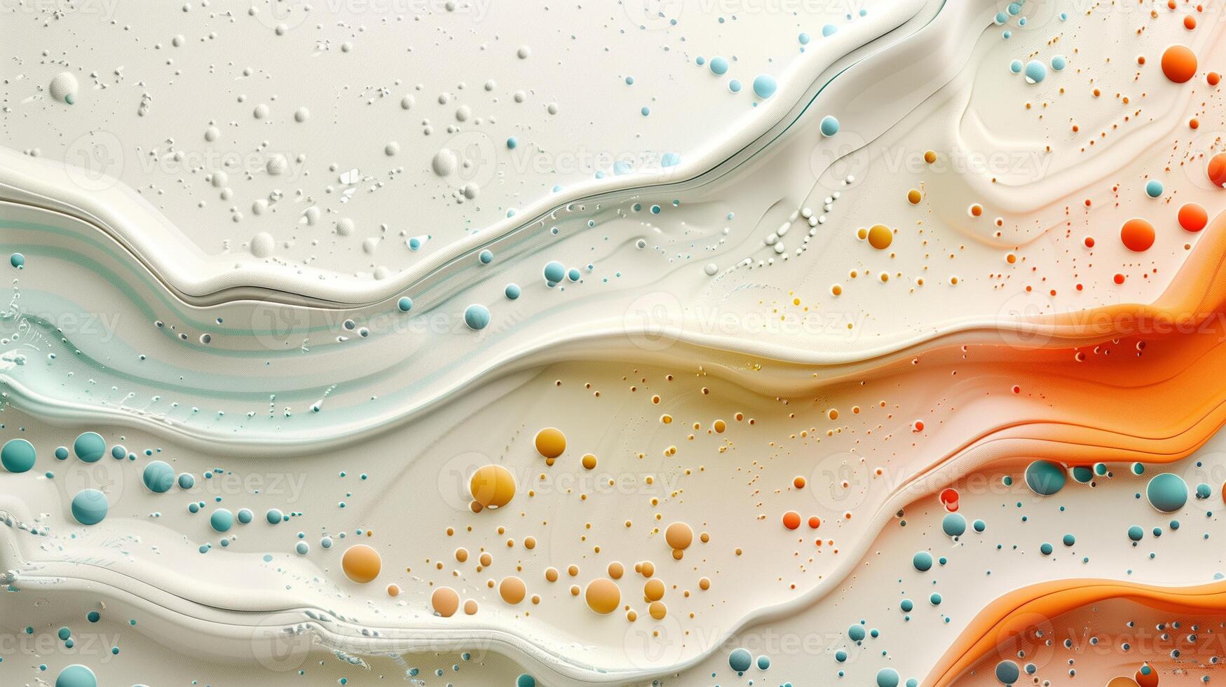 Flowing creamy textures with scattered orange blue droplets background image. Warm and cool tones abstract photo backdrop wallpaper realistic. Dynamic composition concept photorealistic
