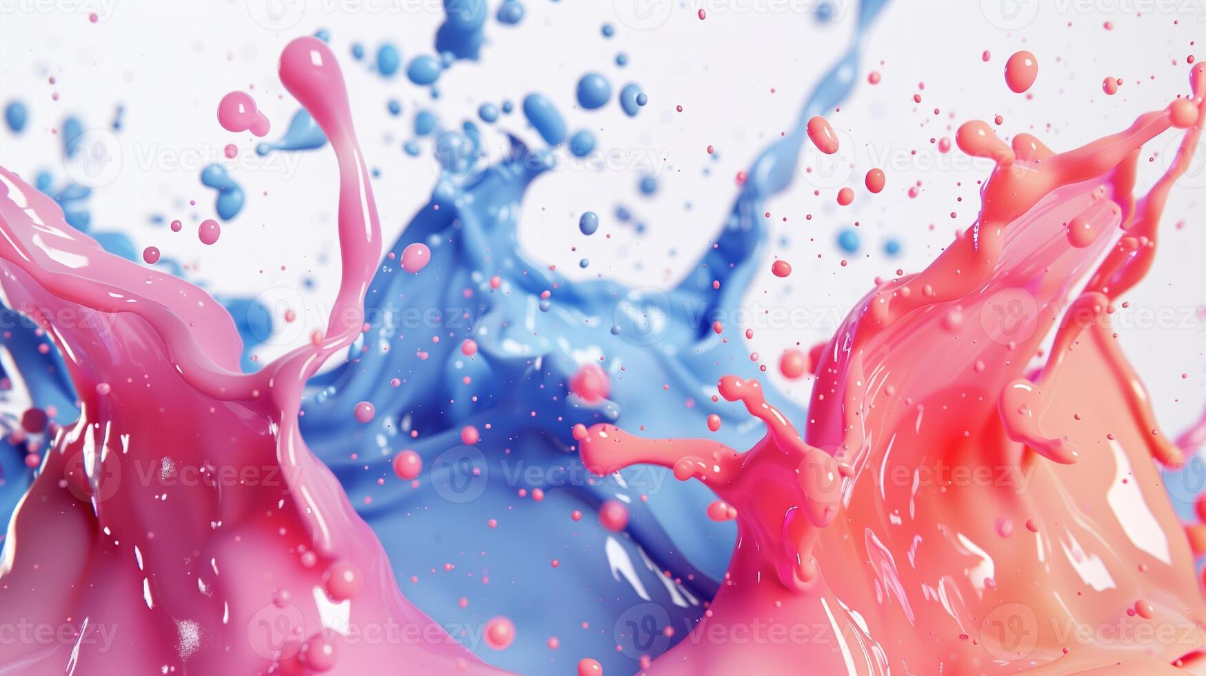 Dynamic pink and blue paint splashes in mid-air texture background image. Vibrant abstract artwork photo backdrop wallpaper realistic. Energetic lively composition concept photorealistic