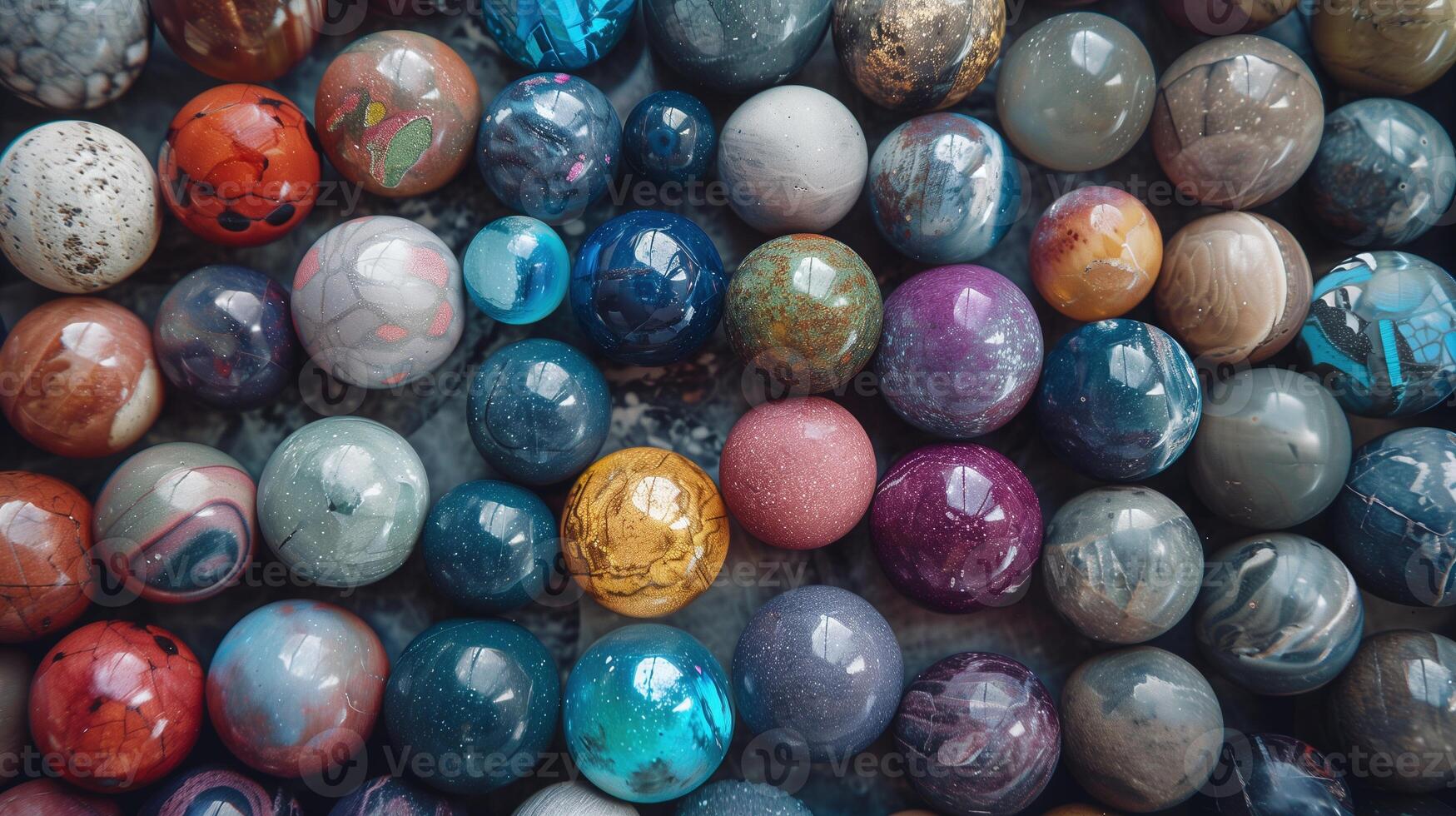 Collection of polished spherical gemstones texture background image. Stones exhibiting range of colors, natural patterns photo backdrop wallpaper. Abstract concept photorealistic