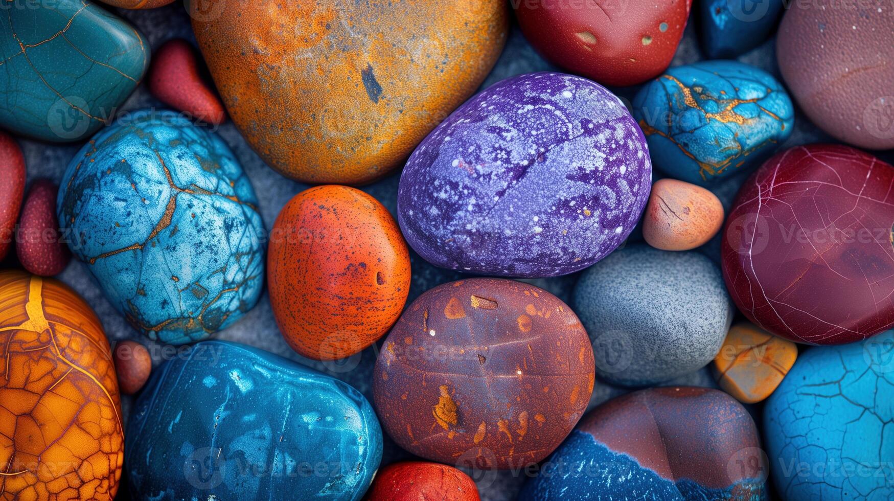 Vibrant collection of stones with various textured surfaces background image. Artistic pebbles arrangement photo backdrop wallpaper realistic. Natural beauty concept photorealistic