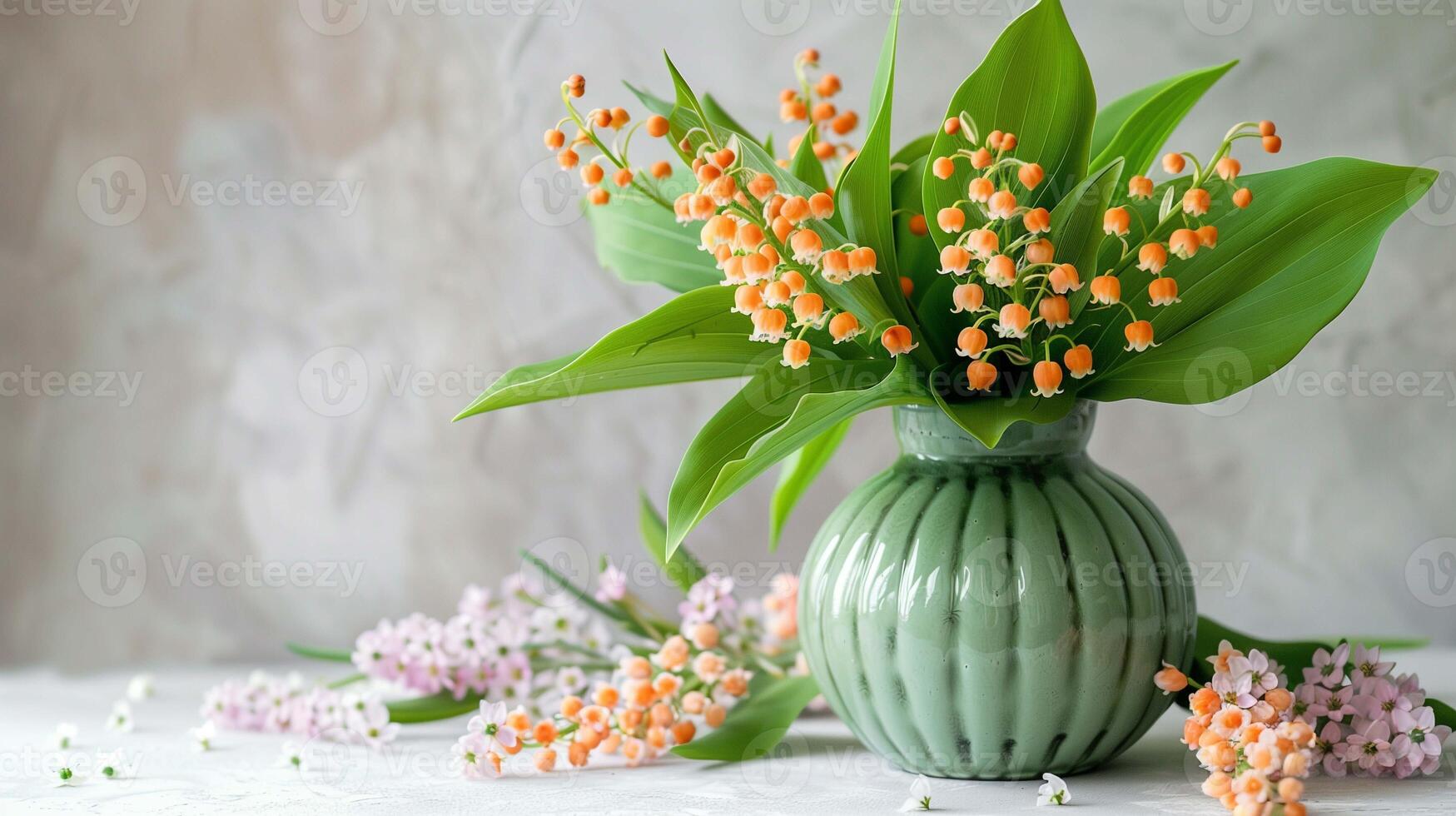 fresh lilies of the valley bouquet in small vase image copy space. Aromatic wild flowers in home interior banner background blurred. Fragile nature beauty concept photography copyspace photo