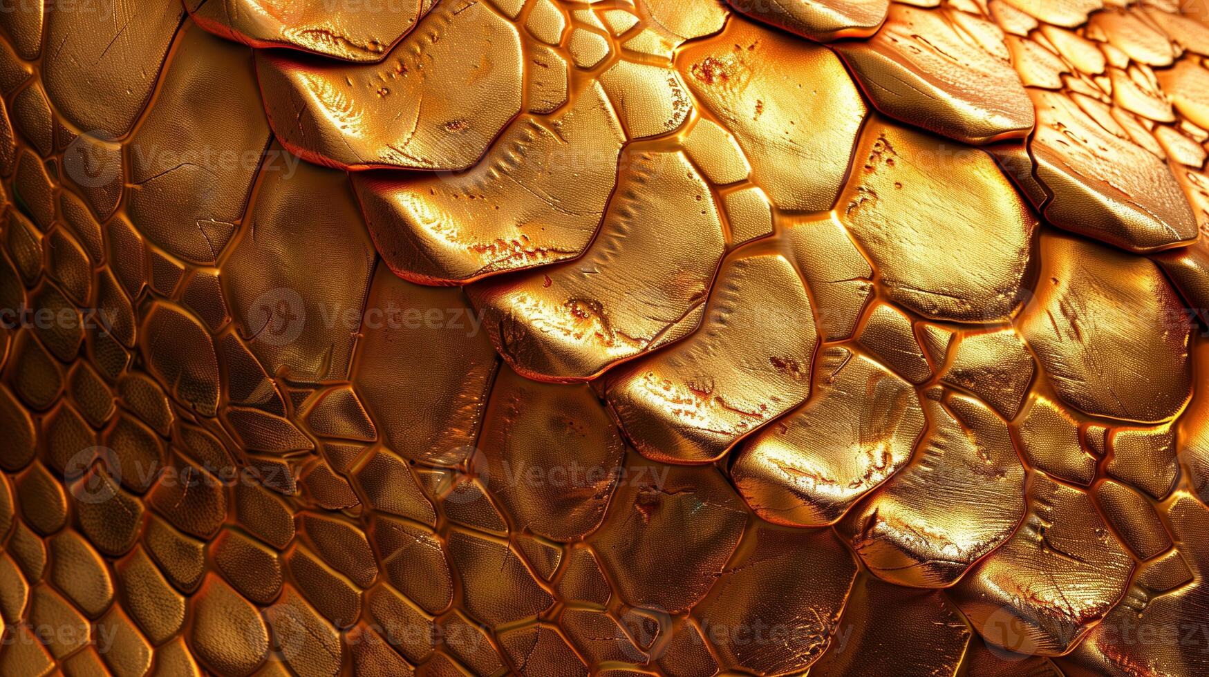 Macro shot of golden snake scales texture background image. Snakeskin shimmering patterns photo backdrop wallpaper realistic. Reptile scaly serpent abstract concept photorealistic
