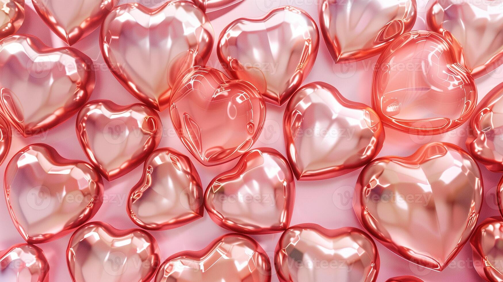Glossy heart-shaped objects arranged on light pink background image. Charming romantic aesthetic photo backdrop wallpaper realistic. 14 february Valentines day concept photorealistic