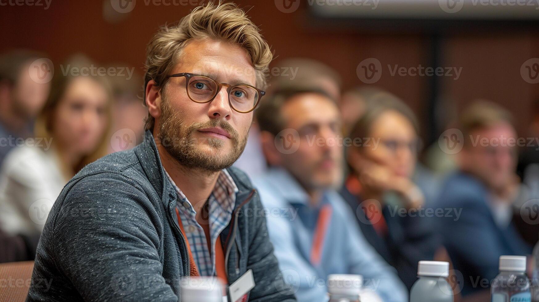 Focused glasses man looking at camera during conference portrait image. Blurred attendees corporate gathering picture photorealistic photography. Business concept photo realistic