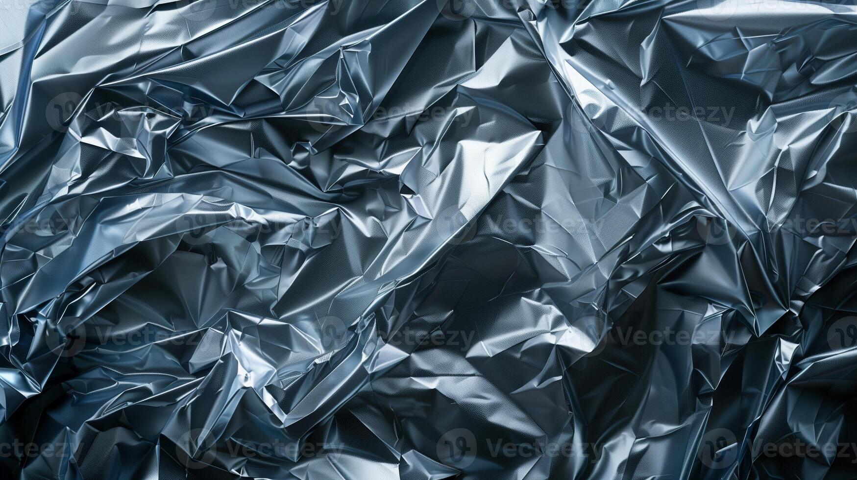 Crumpled dark silver aluminium foil texture background image. Intricate folds and reflections. Wrinkled material photo backdrop wallpaper realistic. Visual depth concept photorealistic
