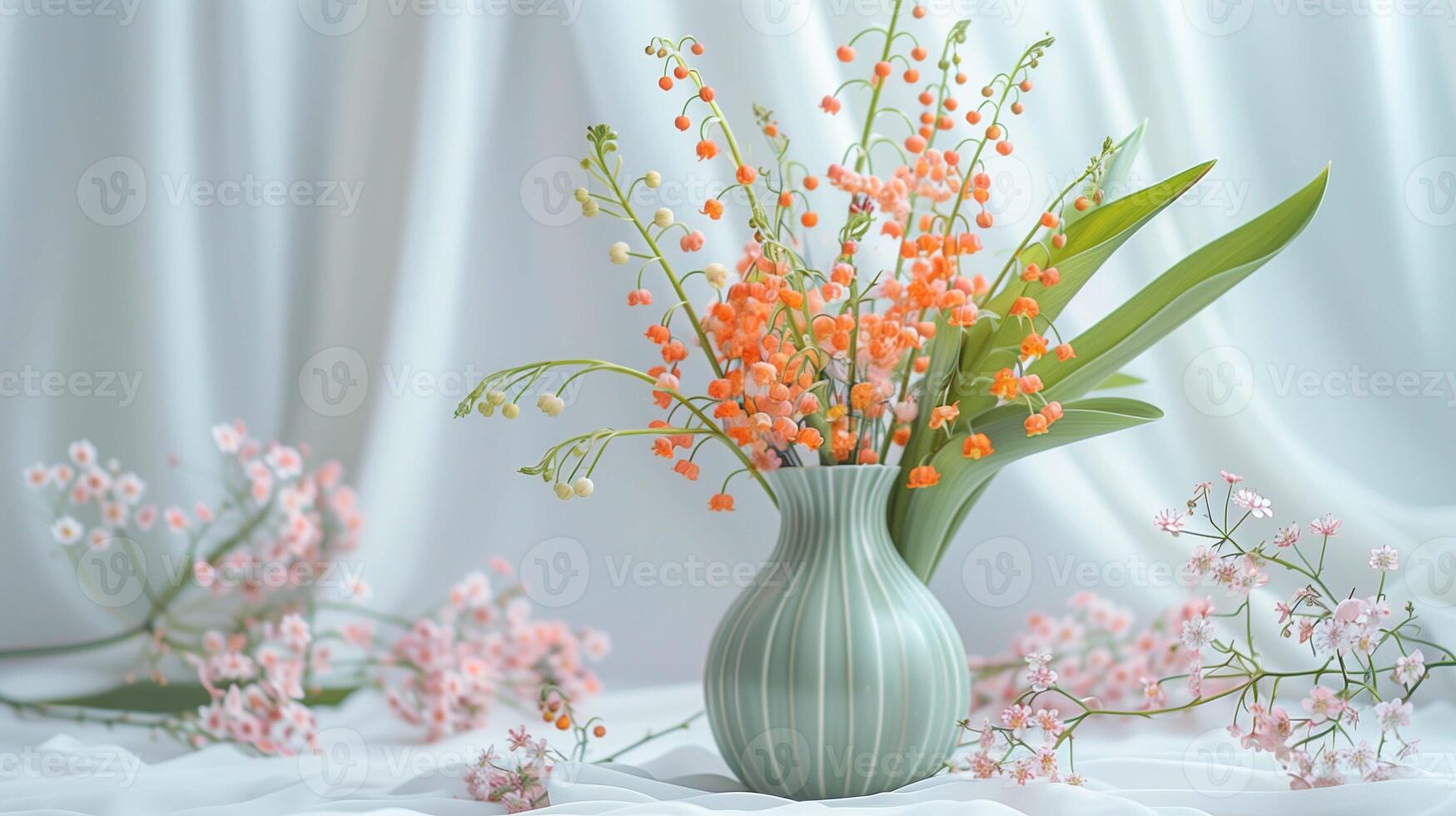 Lilies of the valley bouquet and baby breath twigs on table photo. Fresh spring flowers composition image background wallpaper. Gentle floral elements concept picture realistic photo