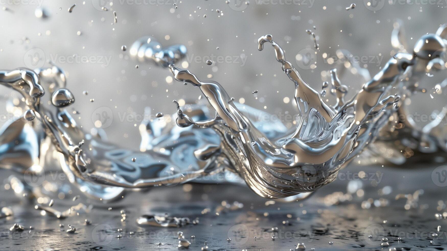 Energetic splash of silver liquid in mid-air texture background image. Metallic sheen droplets suspended photo backdrop wallpaper realistic. Composition abstract concept photorealistic