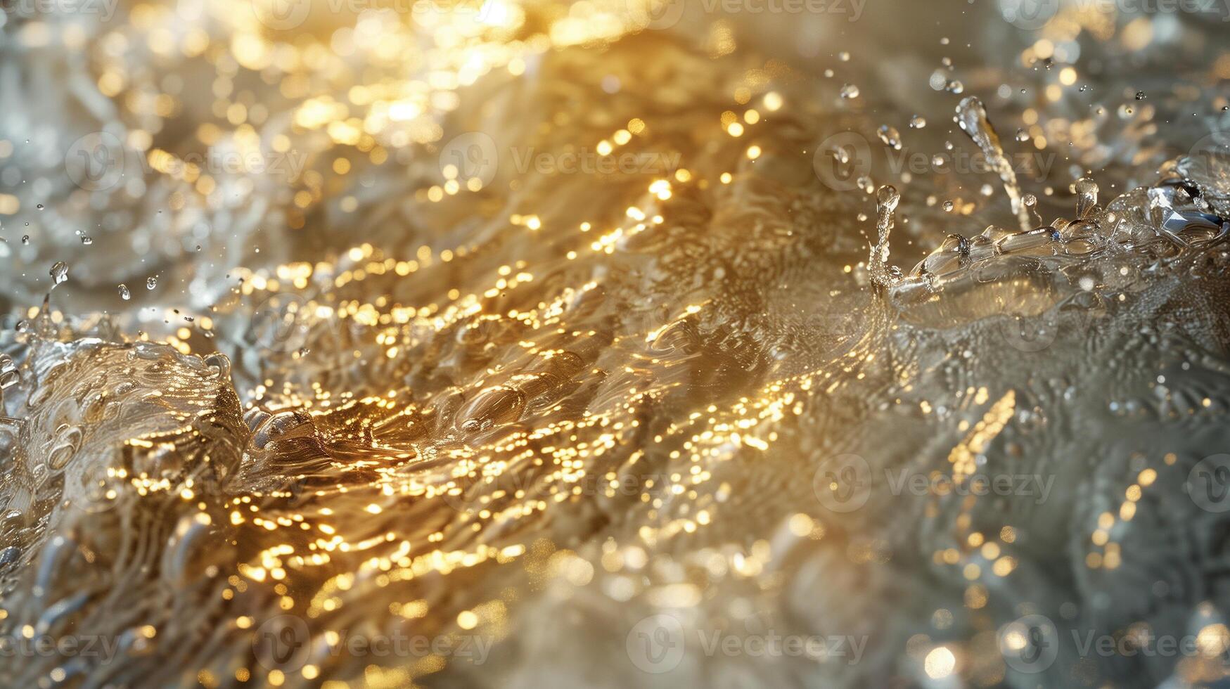 Golden water droplets texture and splashes illuminated by light background image. Fluid motion and sparkle photo backdrop wallpaper realistic. Vibrant dynamic concept photorealistic