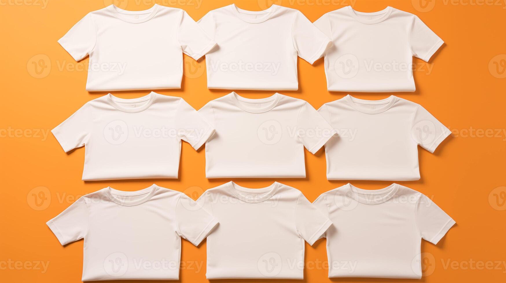 Neatly arranged white tshirts template collection against vibrant orange. T-shirts mockup advertising image. Clothing design short-sleeved. Apparel clothes mock up product photorealistic photo
