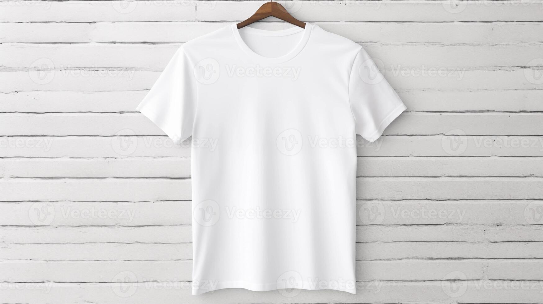 Cotton white tshirt template hung on wooden hanger against white brick wall. T-shirt mockup advertising image. Clothing design. Apparel casual clothes mock up product photorealistic photo