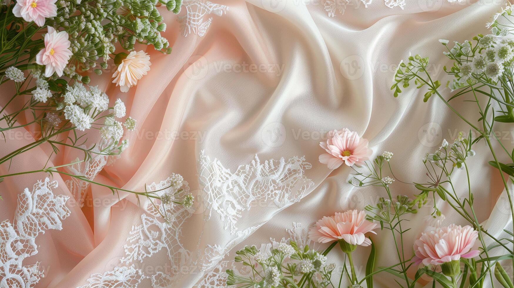 Fresh windflowers on satin fabric image copy space. Flowers composition on lacy silk sheet banner background blurred. Elegant wedding ornament concept photography copyspace photo