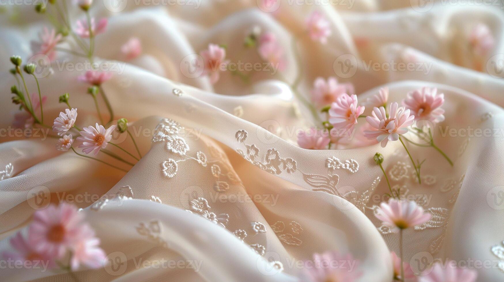 Small pink chamomiles on wrinkled lace fabric photo. Gentle wild daisies on crumpled textile image background wallpaper. Feminine floral composition concept picture realistic photo