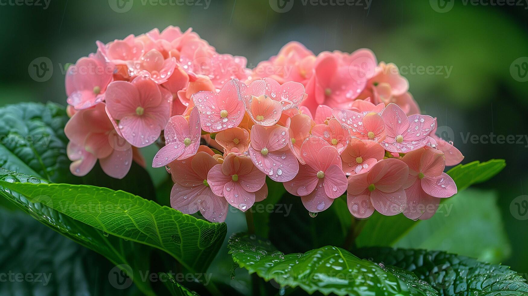 Lovely aromatic hortensia flowers in garden closeup image. Pink hydrangea blossom with small petals close up photography. Fresh spring blooming plants cultivation concept photo realistic