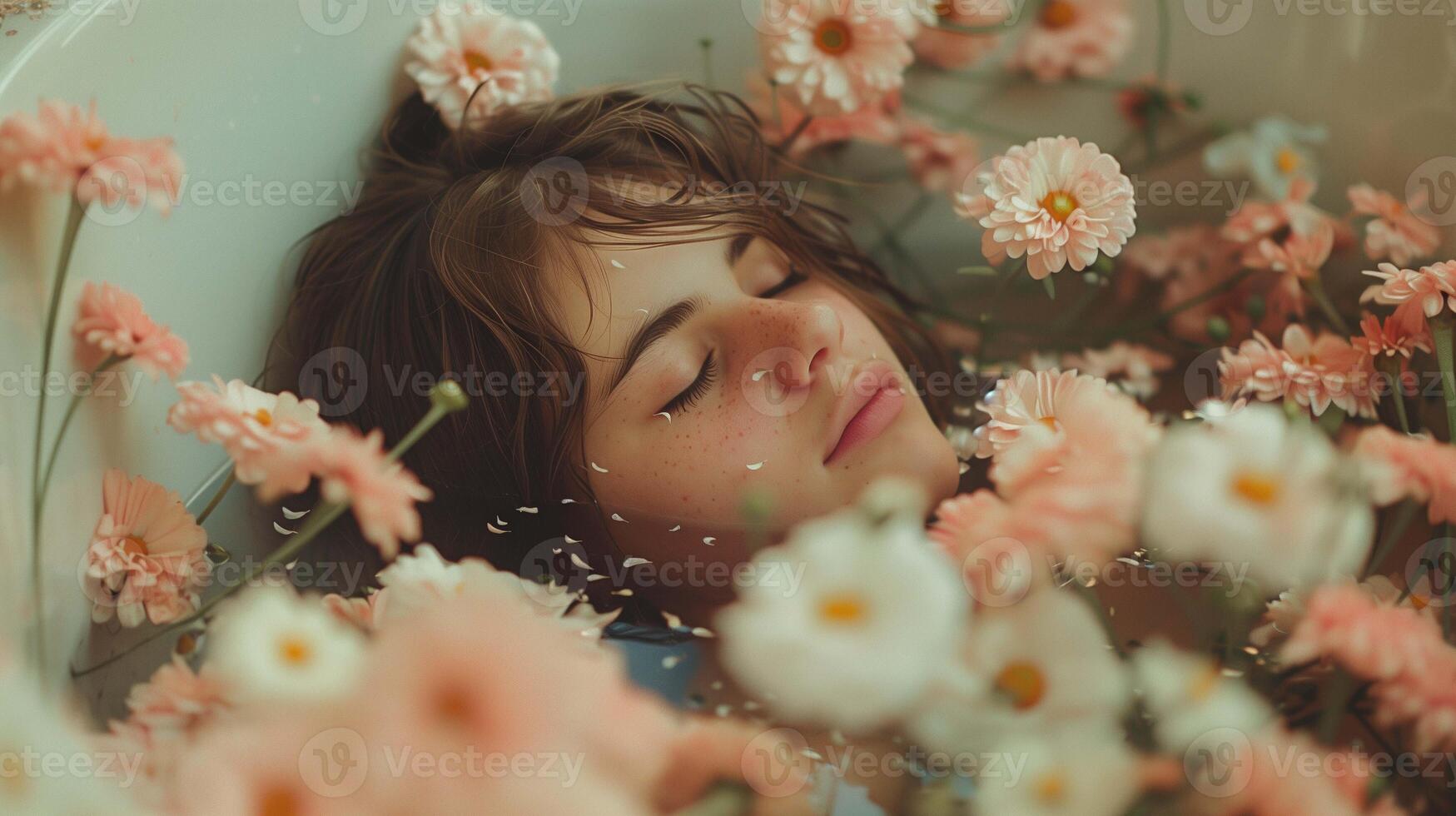 Quiet european woman among pink flower in bathtub image. Young caucasian lady enjoying floral therapy photography scene wallpaper. Herbal bath concept photorealistic photo