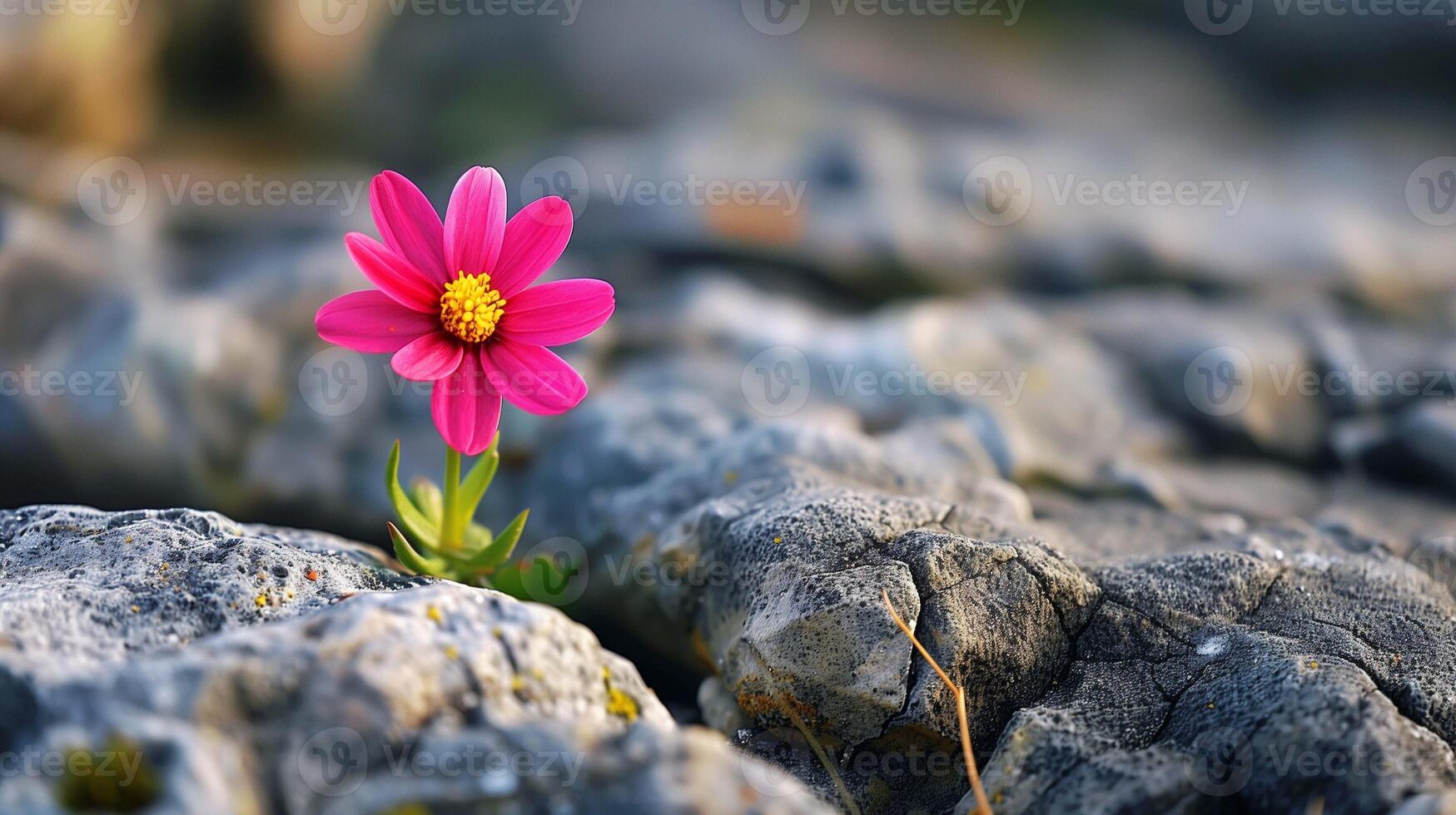 Lone cosmos flower growing behind rocks image copy space. Bright pink wildflower in stone trench banner background blurred. Nature power and beauty concept photography copyspace photo