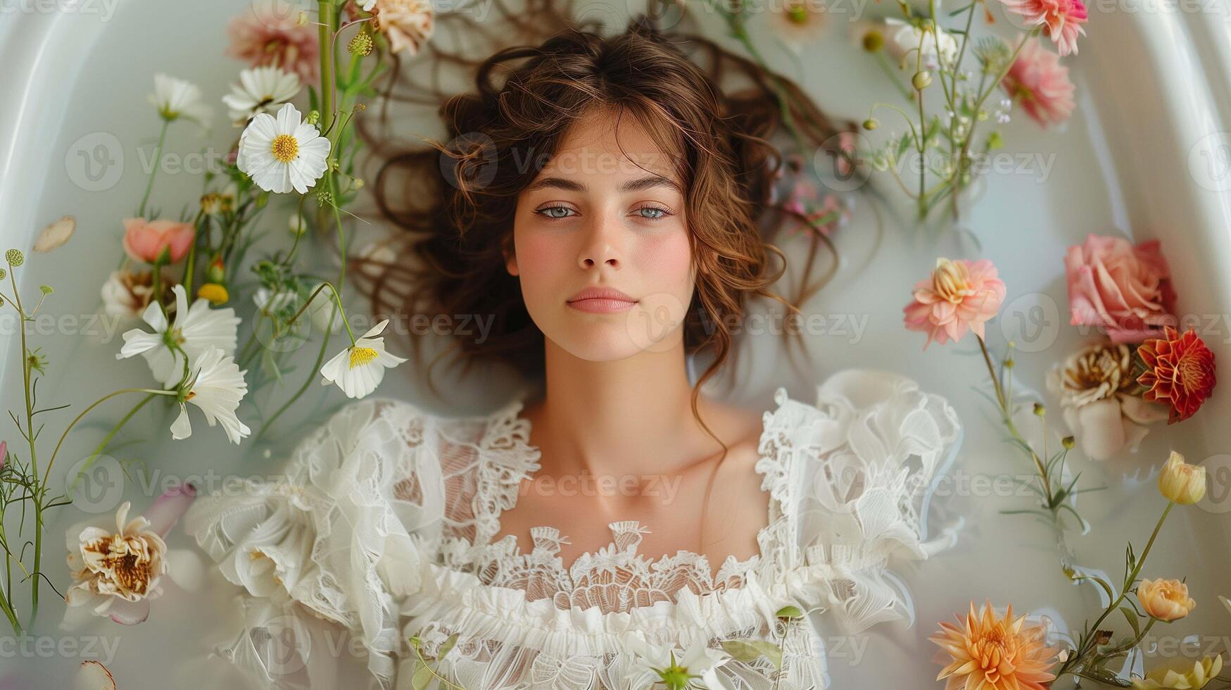 Beautiful young woman in herbal bath image. Pretty european female relaxing in water with floating flowers photography scene wallpaper. Floral aesthetic concept photorealistic photo