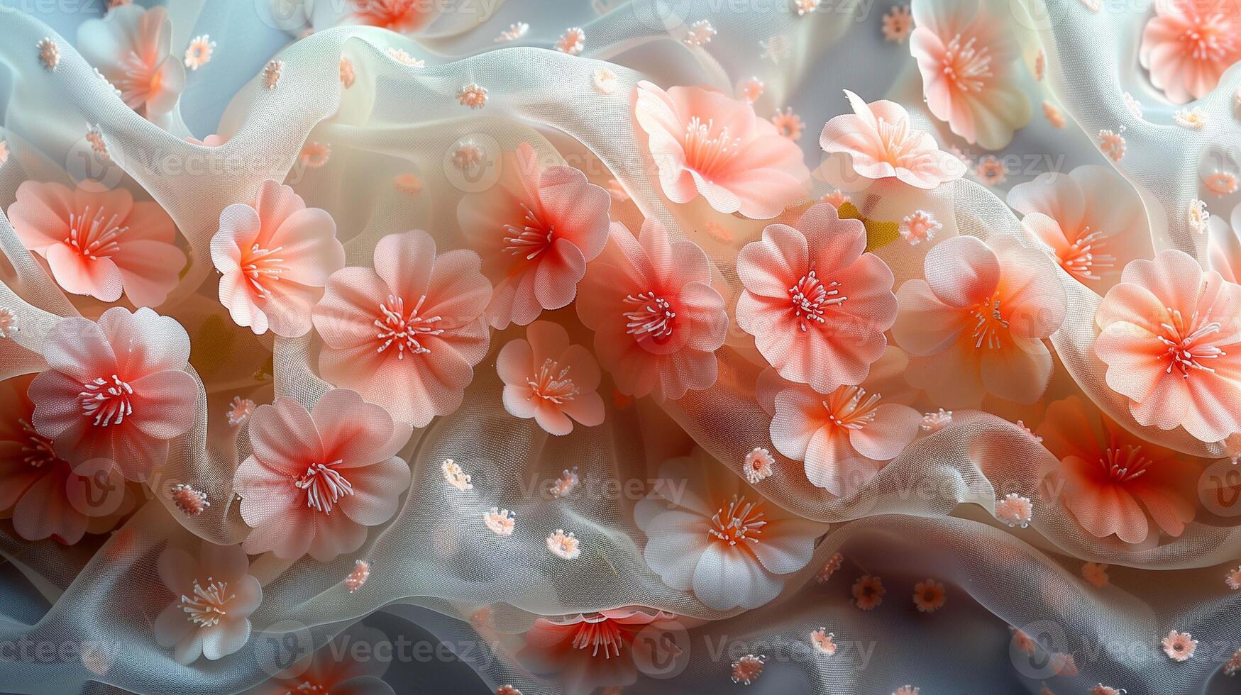 Gentle chiffon fabric decorated with pink flowers photo. Wildflowers with small petals on lacy cloth image background wallpaper. Vintage festive decor concept picture realistic photo