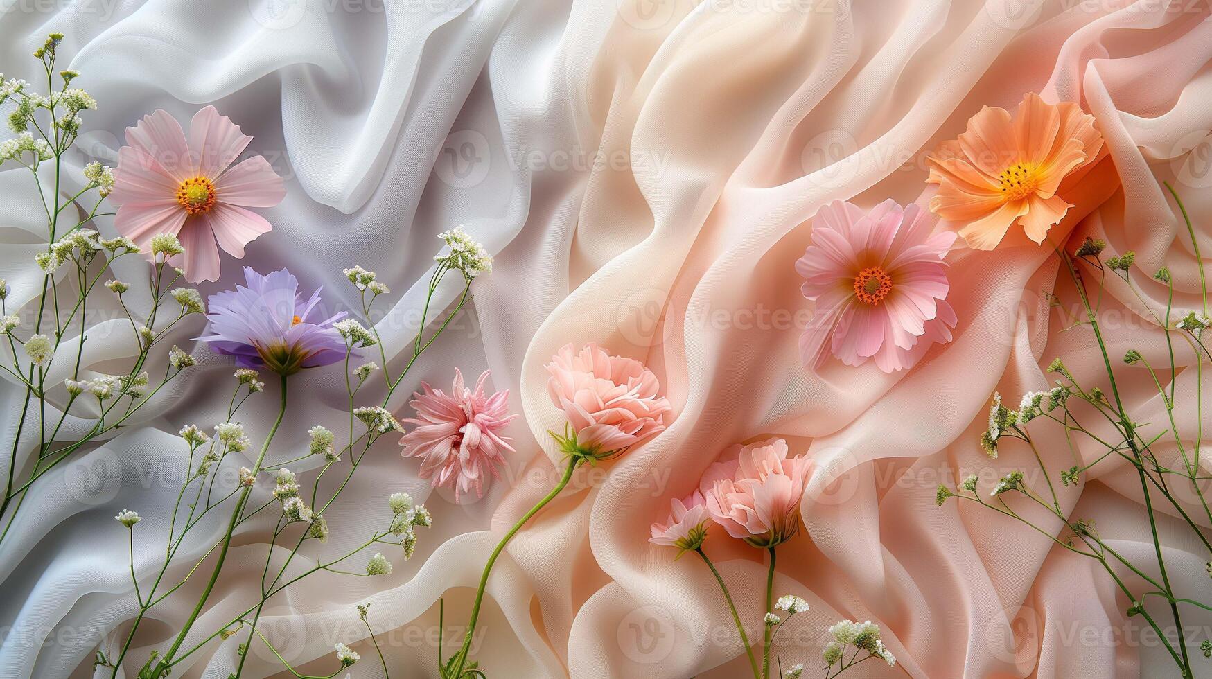 Wild flowers border on color chiffon fabric image copy space. Minimalist wedding composition with blossom and chiffon banner background blurred. Femininity concept photography copyspace photo