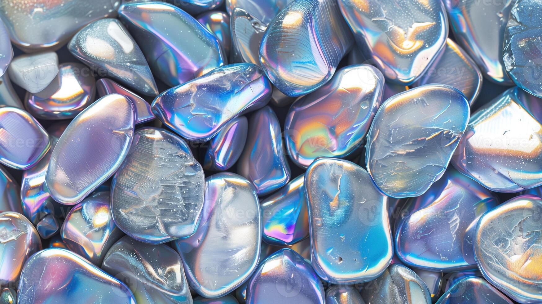 Polished stones with iridescent metallic finish texture background image. Vibrant and reflective pebbles photo backdrop wallpaper realistic. Gemstone beauty concept photorealistic