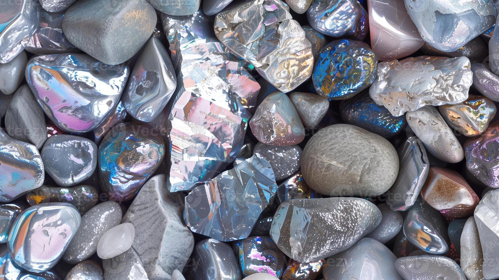 Mixed metallic stones with reflective surfaces texture background image. Smooth pebbles, natural rocks photo backdrop wallpaper realistic. Natural composition concept photorealistic