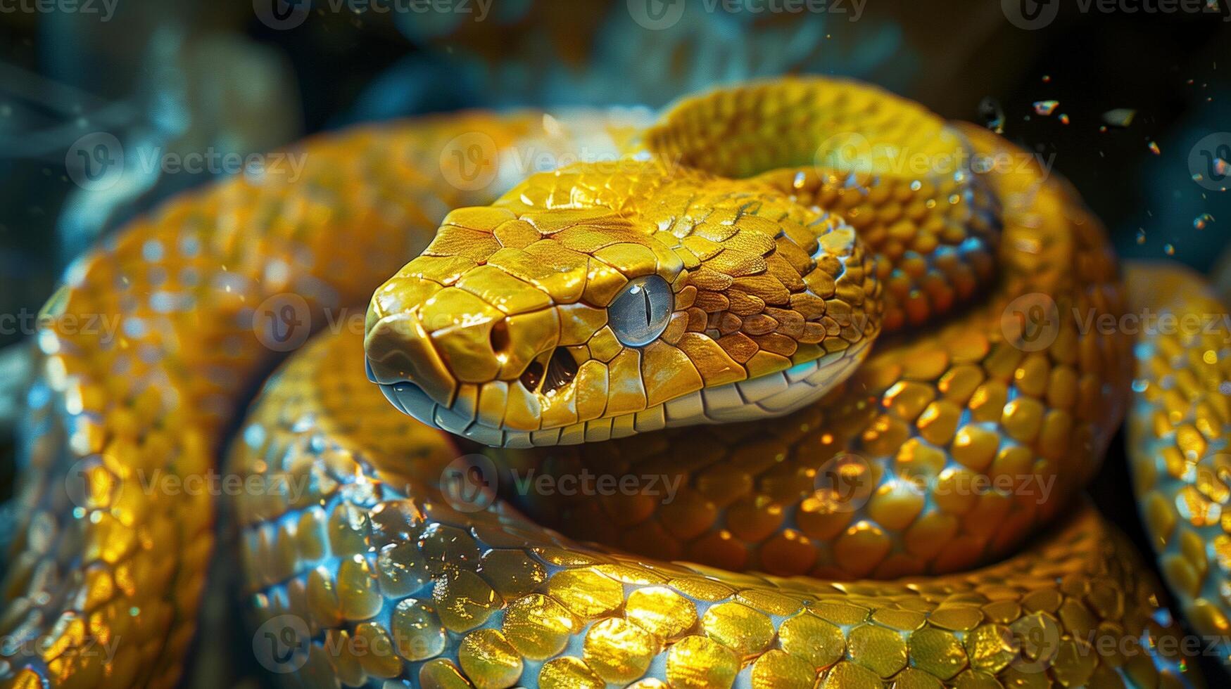 Golden snake with shiny textured scales coiled tightly image. Venomous reptilian glossy vibrant appearance photography scene wallpaper. Animal wildlife concept photorealistic photo