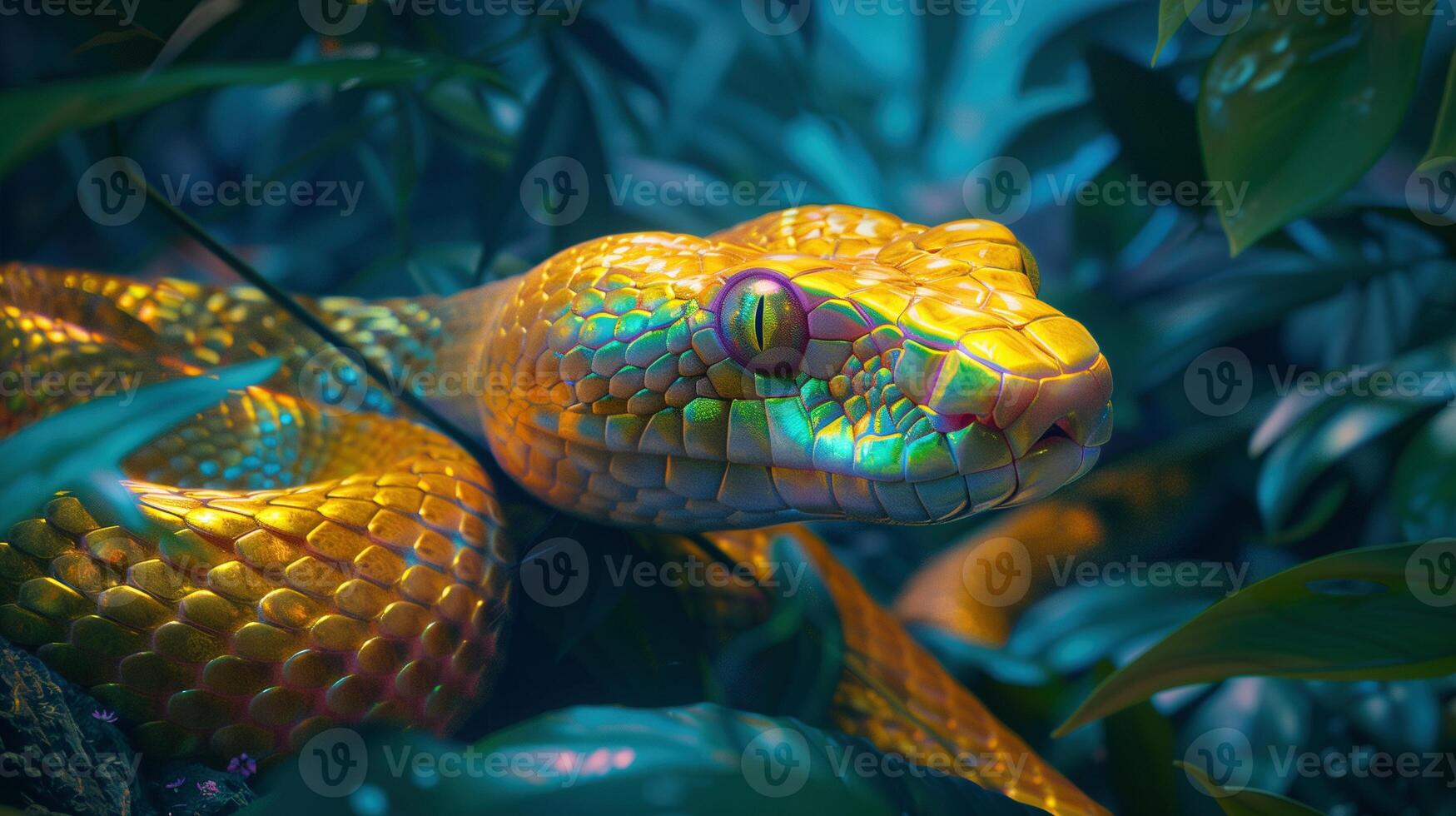 Golden snake with iridescent scales coiled among jungle foliage image. Reptilian beauty. Mesmerizing exotic scene photography wallpaper. Animal wildlife concept photorealistic photo