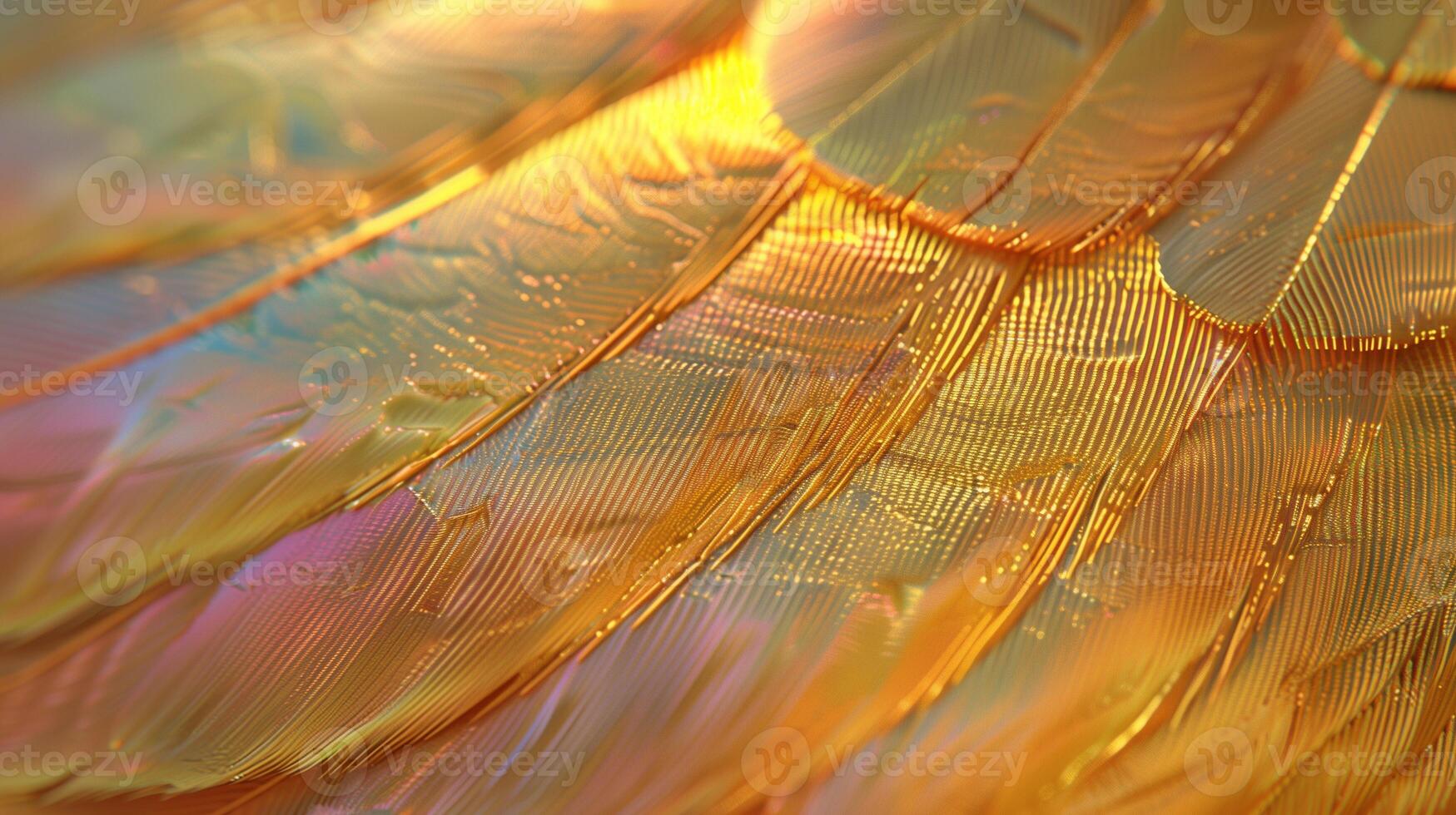 Close-up of iridescent feathers with golden hues texture background image. Shimmering light and fine details photo backdrop wallpaper realistic. Exotic abstract concept photorealistic