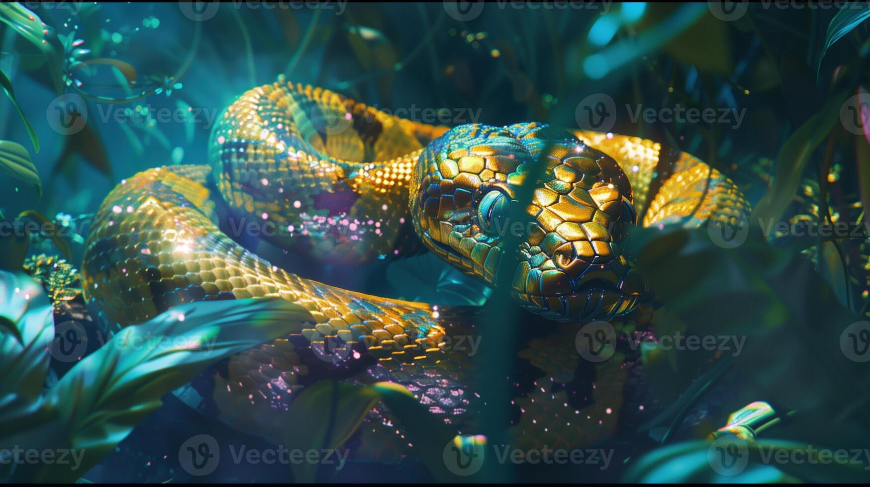 Golden snake with shimmering scales rests amidst lush green foliage image. Beautiful venomous reptilian photography scene wallpaper. Animal wildlife concept photorealistic photo
