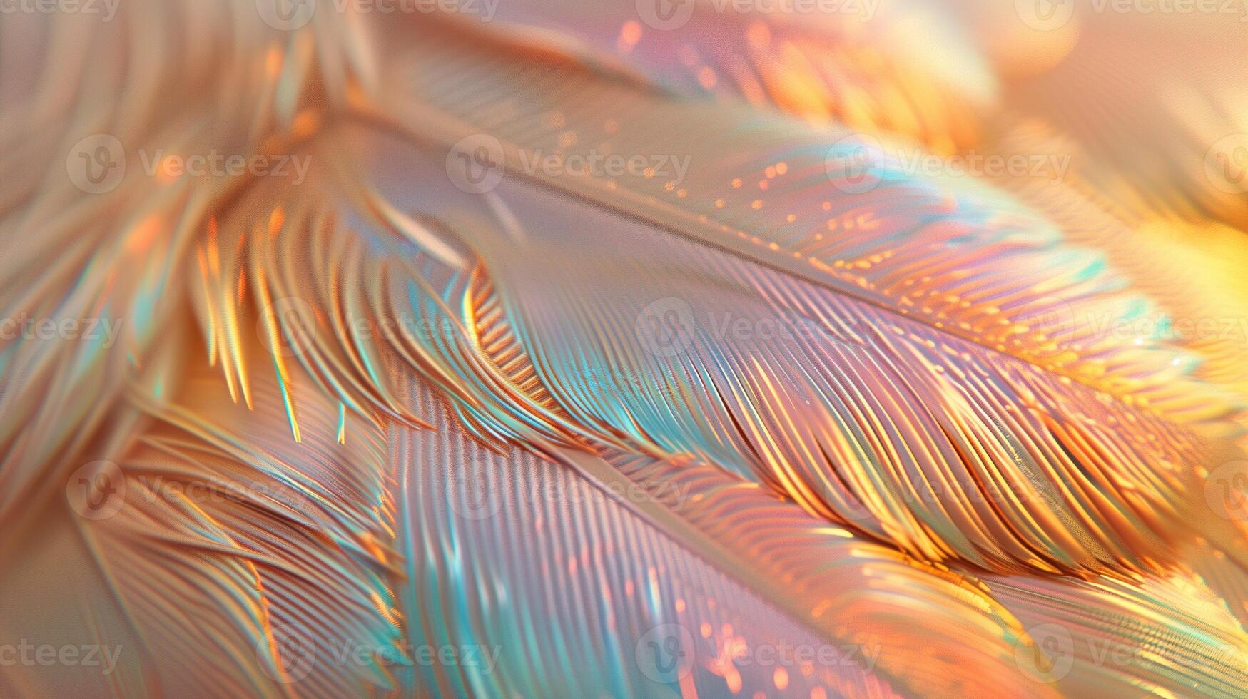 Closeup soft iridescent feathers with pastel hues texture background image. Gentle light and fine details photo backdrop wallpaper realistic. Exotic abstract concept photorealistic