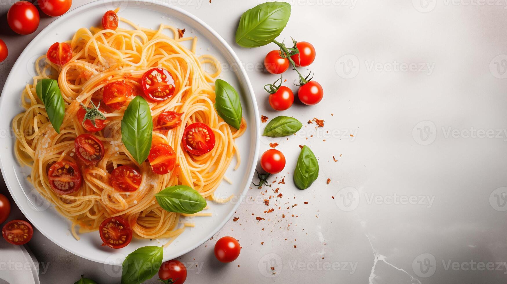 Spaghetti with cherry tomatoes, basil leaves banner background copy space. Pasta plate on marble table. Vegetarian dish image backdrop empty. Italian cuisine concept top view, copyspace photo