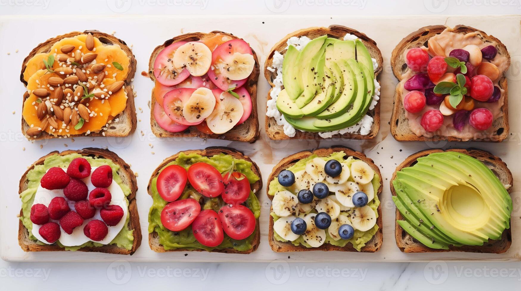 Breakfast toasts with variety of fruits, nuts and avocado closeup image. Nutritious snack close up photography marketing. Vegan food dish concept photo. Vegetarian option picture photo