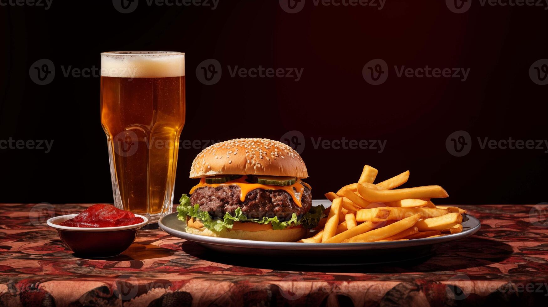 Classic cheeseburger with fries and pint of beer closeup image. Pub food close up photography marketing. American cuisine. Fast food concept photo realistic. Junkfood delicious picture