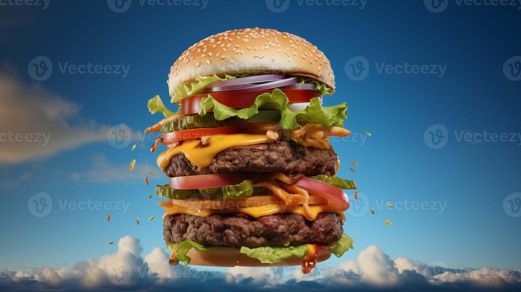 Double cheeseburger floating against blue sky closeup image. Creative fast food close up photography marketing. Artistic presentation concept photo realistic. Junkfood delicious picture
