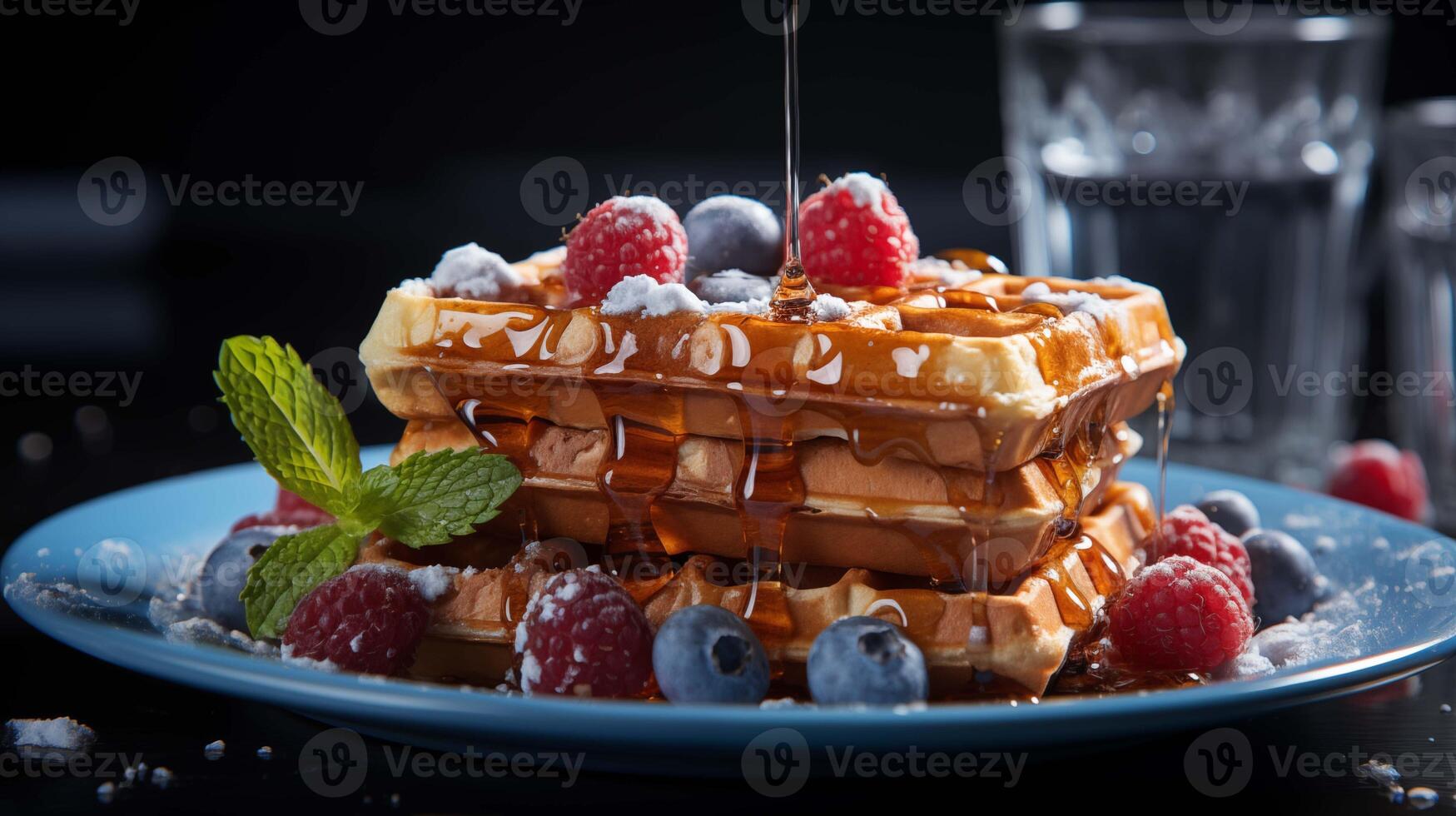 Belgian waffles with fresh berries, maple syrup closeup image. Raspberries, blueberries topping close up photography marketing. Sweet food concept photo realistic. Morning treat picture