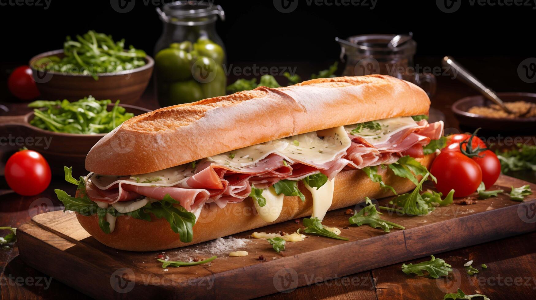 Baguette sandwich with prosciutto, cheese and arugula closeup image. Italian cuisine on rustic cutting board close up photography marketing. Meal preparation concept photo. Food picture photo