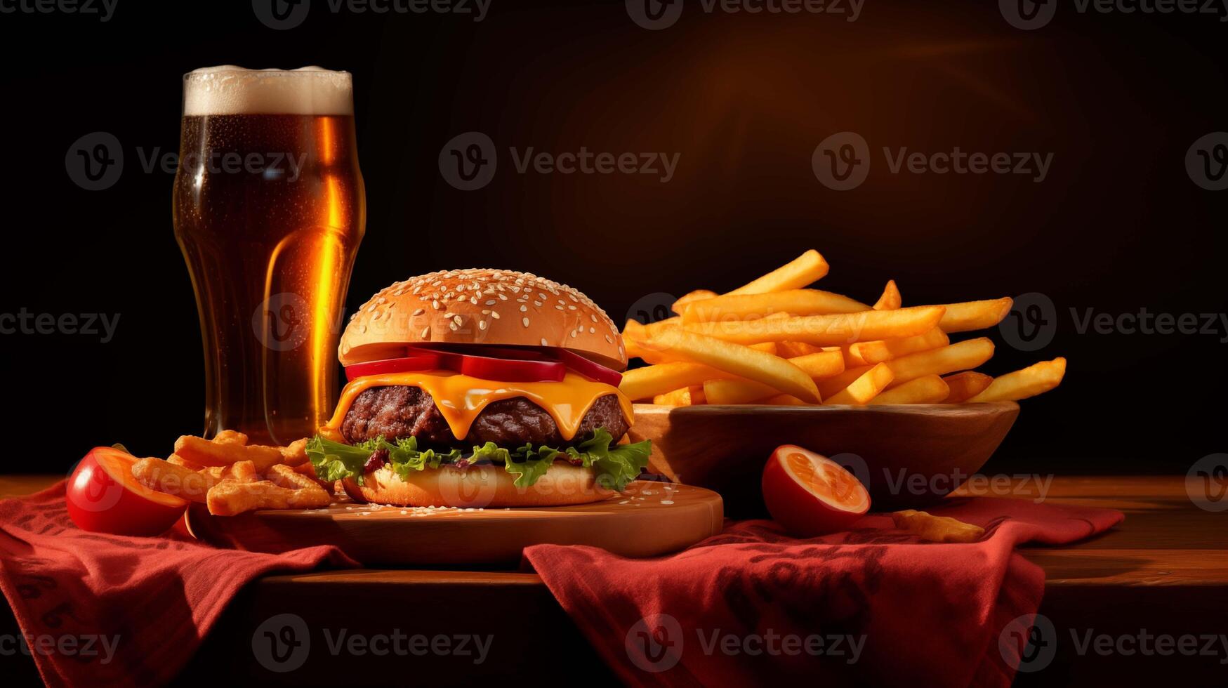 Classic cheeseburger with fries and cold beer closeup image. Comfort food close up photography marketing. American fastfood concept photo realistic. Delicious junkfood in pub picture