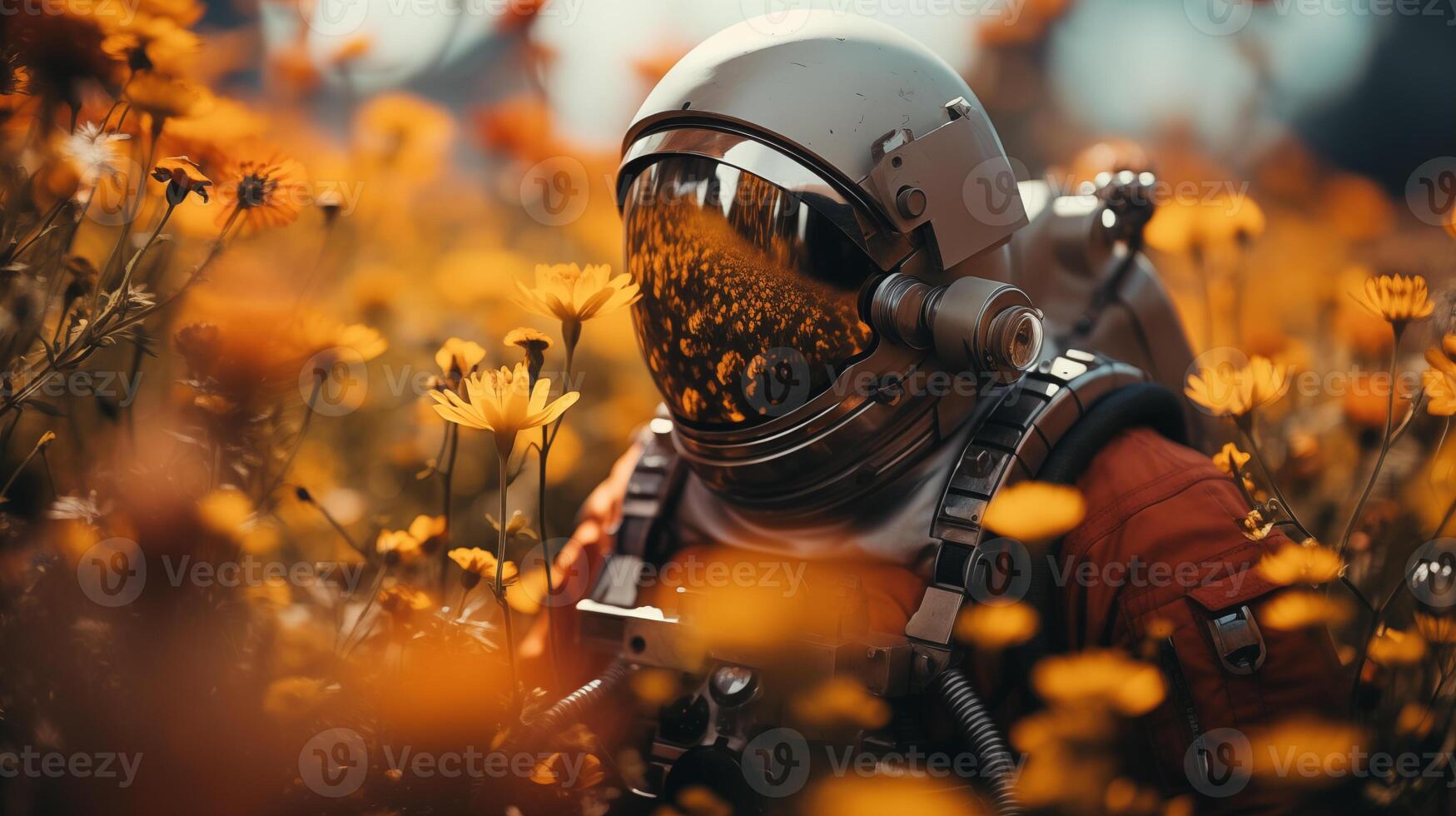 Astronaut gazes through visor reflecting meadow of yellow flowers closeup image. Cosmonaut close up photography marketing. Cosmic botany concept photo realistic. Space exploration picture