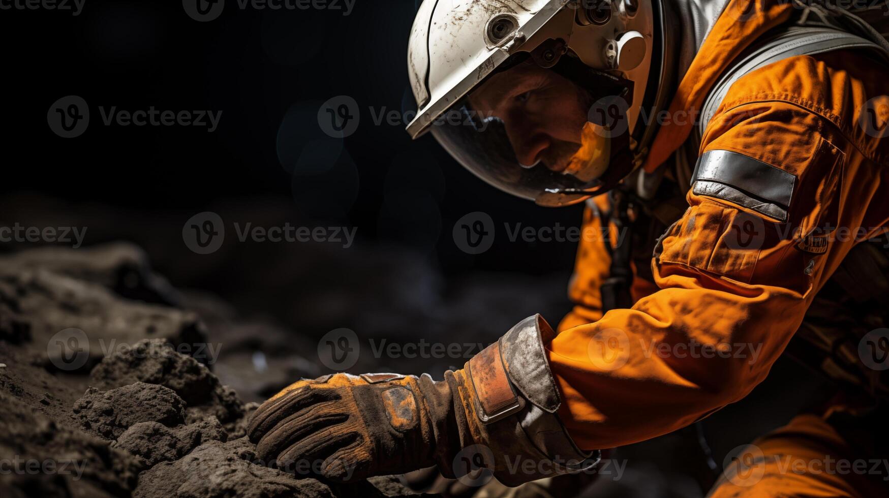 Astronaut meticulously engaging with rocky ground closeup image. Cosmonaut geologist close up photography marketing. Soil analysis concept photo realistic. Cave exploration picture