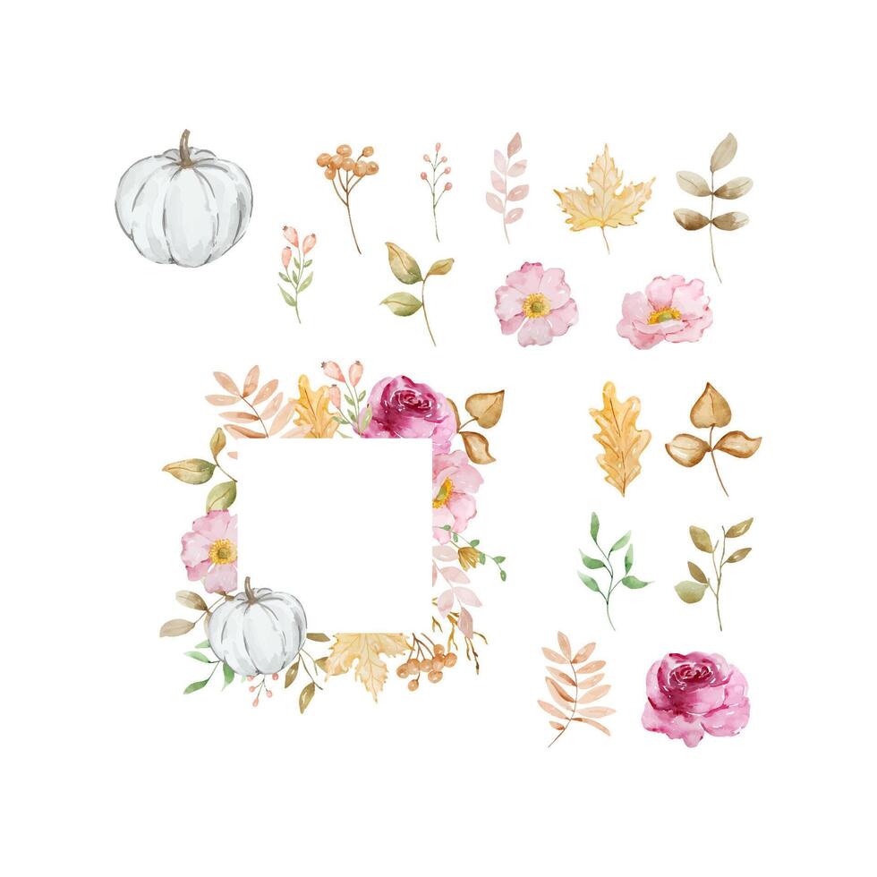 Watercolor autumn frame with pumpkin, fall leaves vector