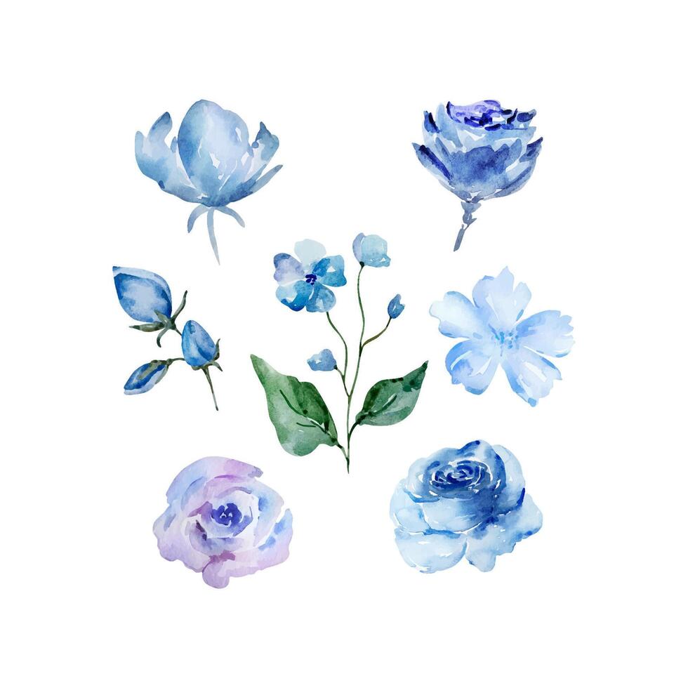 Blue watercolor blossom flowers set vector
