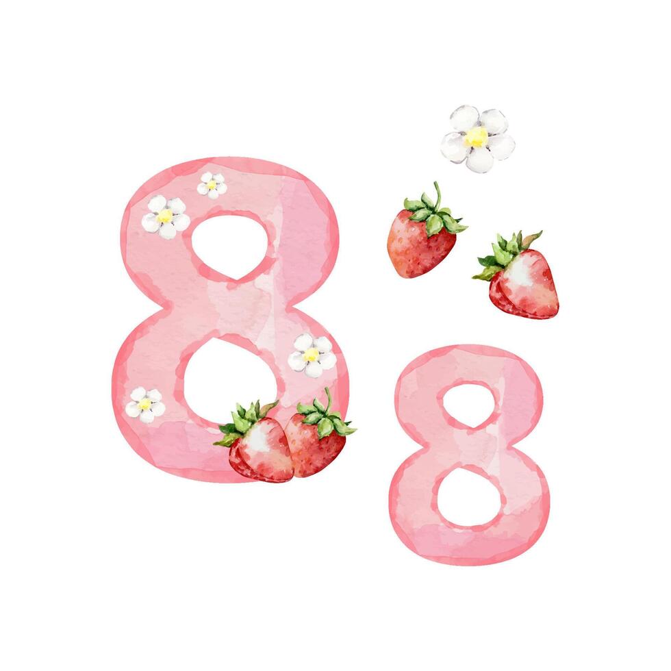 Watercolor pink number 8 with strawberry and flowers vector